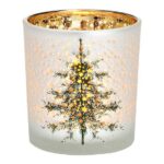 Kertastjaki h:8cm með jólatré gull/hvítu